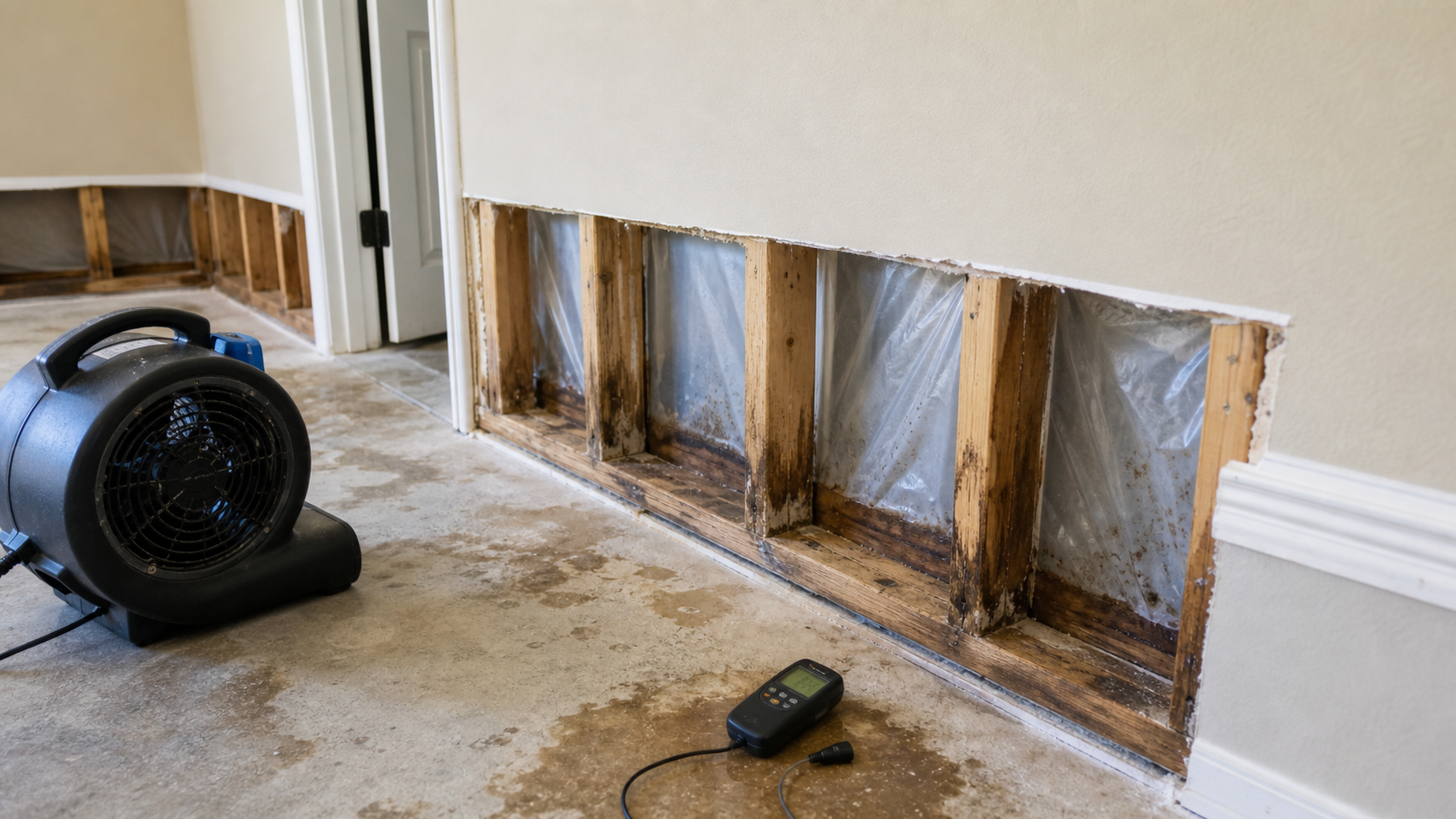 Lower drywall opened after water damage cleanup