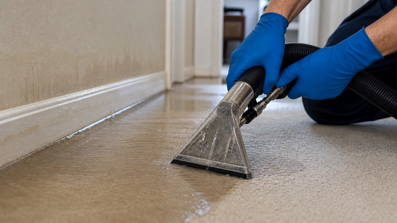 Water extraction hose removing water from soaked carpet