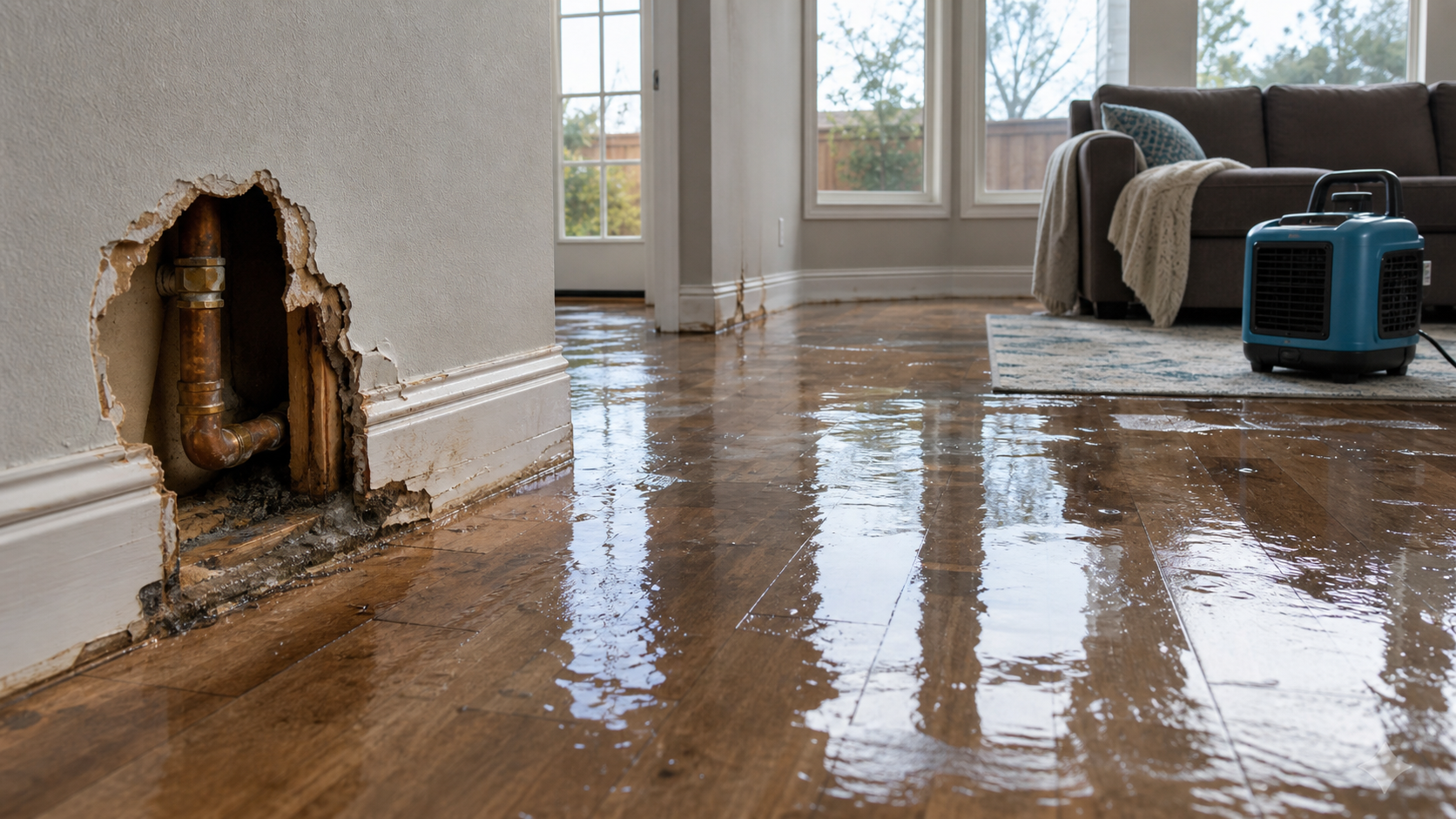 Standing water and drying equipment after residential water damage